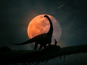 Preview wallpaper silhouettes, dinosaur, planet, photoshop, art