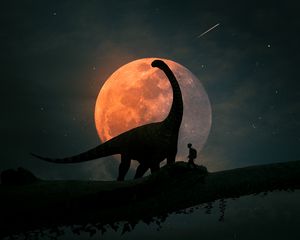 Preview wallpaper silhouettes, dinosaur, planet, photoshop, art