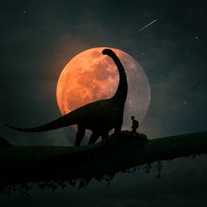 Preview wallpaper silhouettes, dinosaur, planet, photoshop, art