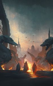 Preview wallpaper silhouettes, dragons, flame, art, dark