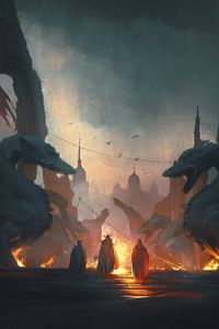 Preview wallpaper silhouettes, dragons, flame, art, dark