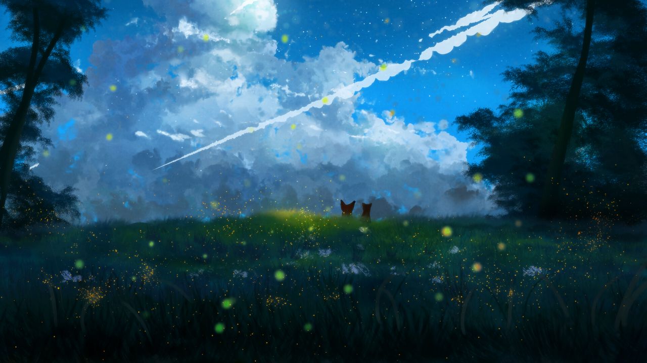 Wallpaper silhouettes, flowers, grass, field, clouds, art