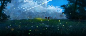 Preview wallpaper silhouettes, flowers, grass, field, clouds, art