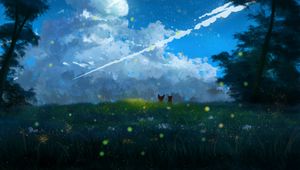 Preview wallpaper silhouettes, flowers, grass, field, clouds, art