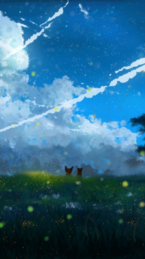 480x854 Wallpaper silhouettes, flowers, grass, field, clouds, art