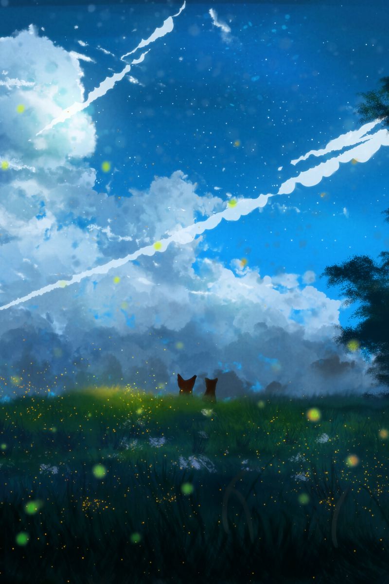 800x1200 Wallpaper silhouettes, flowers, grass, field, clouds, art