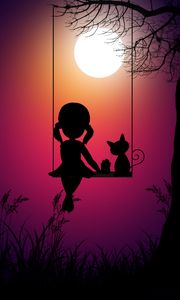 Preview wallpaper silhouettes, girl, swings, cat, art