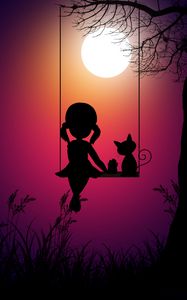 Preview wallpaper silhouettes, girl, swings, cat, art