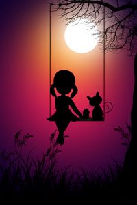 Preview wallpaper silhouettes, girl, swings, cat, art