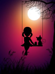 Preview wallpaper silhouettes, girl, swings, cat, art