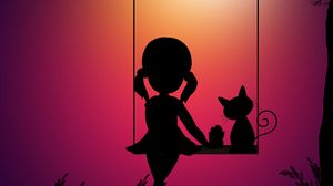 Preview wallpaper silhouettes, girl, swings, cat, art