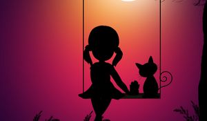 Preview wallpaper silhouettes, girl, swings, cat, art