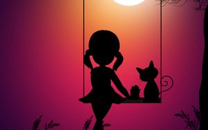 Preview wallpaper silhouettes, girl, swings, cat, art