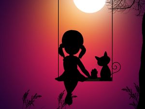 Preview wallpaper silhouettes, girl, swings, cat, art