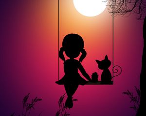 Preview wallpaper silhouettes, girl, swings, cat, art