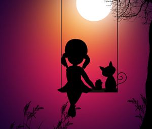 Preview wallpaper silhouettes, girl, swings, cat, art