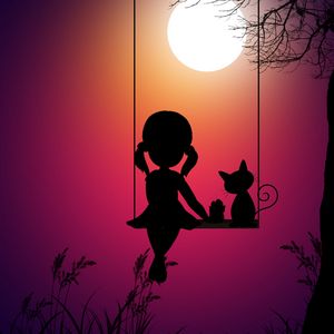 Preview wallpaper silhouettes, girl, swings, cat, art