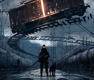 Preview wallpaper silhouettes, gloomy, railway, art, wagons