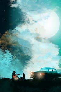 Preview wallpaper silhouettes, guitar, car, moon, night, art