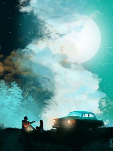 Preview wallpaper silhouettes, guitar, car, moon, night, art