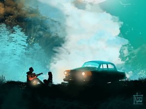 Preview wallpaper silhouettes, guitar, car, moon, night, art