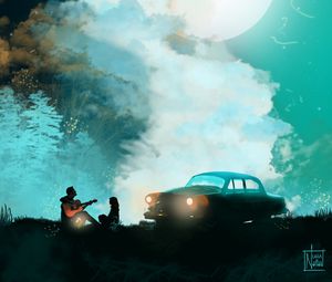 Preview wallpaper silhouettes, guitar, car, moon, night, art