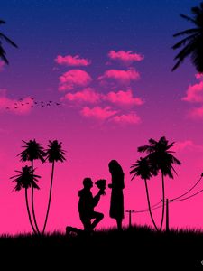Preview wallpaper silhouettes, love, couple, romance, night, art