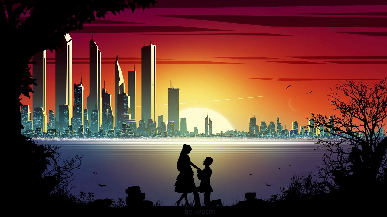 Wallpaper silhouettes, love, romance, city, sunset, art