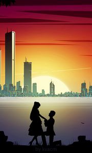 Preview wallpaper silhouettes, love, romance, city, sunset, art