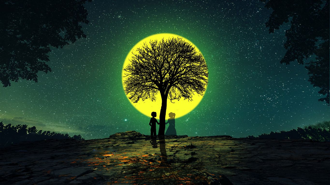 1366x768 Wallpaper silhouettes, love, tree, night