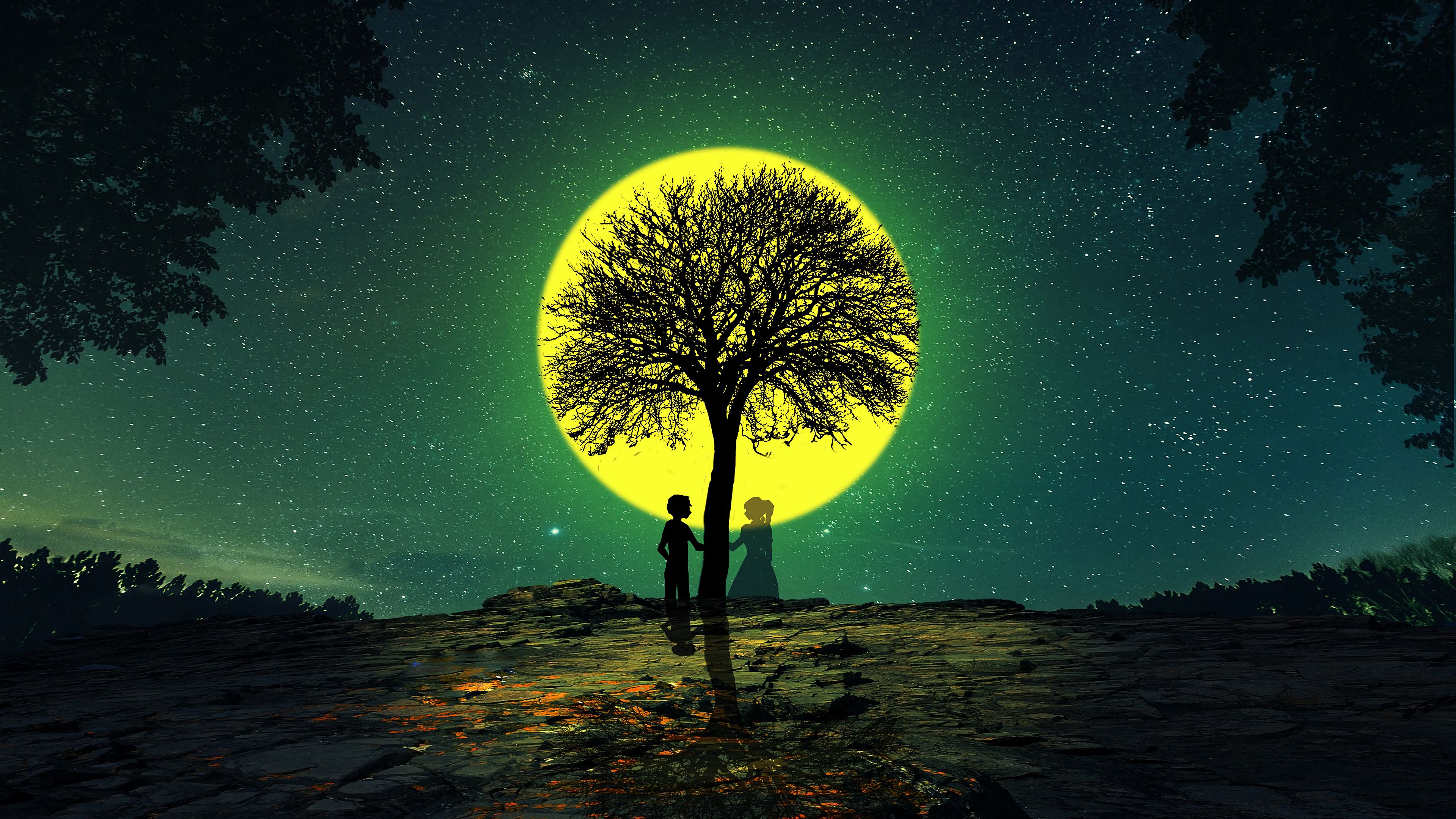 3840x2160 Wallpaper silhouettes, love, tree, night