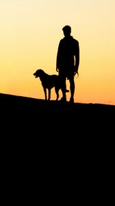 Preview wallpaper silhouettes, man, dog, sunset, hill