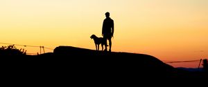 Preview wallpaper silhouettes, man, dog, sunset, hill