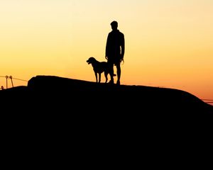 Preview wallpaper silhouettes, man, dog, sunset, hill