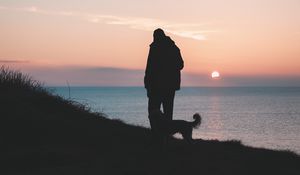 Preview wallpaper silhouettes, man, dog, friends, walk