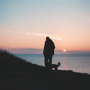 Preview wallpaper silhouettes, man, dog, friends, walk
