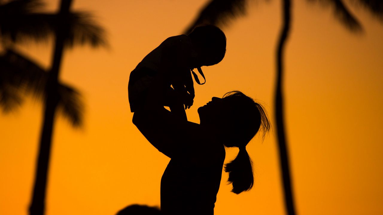 Wallpaper silhouettes, mother, child, sunset