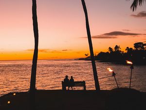 Preview wallpaper silhouettes, palm trees, sunset, tropics, romance