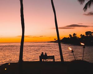 Preview wallpaper silhouettes, palm trees, sunset, tropics, romance