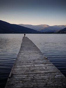 Preview wallpaper silhouettes, pier, lake, water, mountains, nature