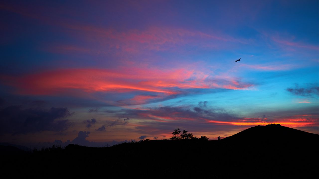 Wallpaper silhouettes, plane, horizon, mountain, sunset, landscape