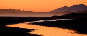 Preview wallpaper silhouettes, river, mountains, twilight, dark