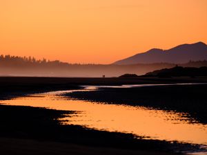 Preview wallpaper silhouettes, river, mountains, twilight, dark