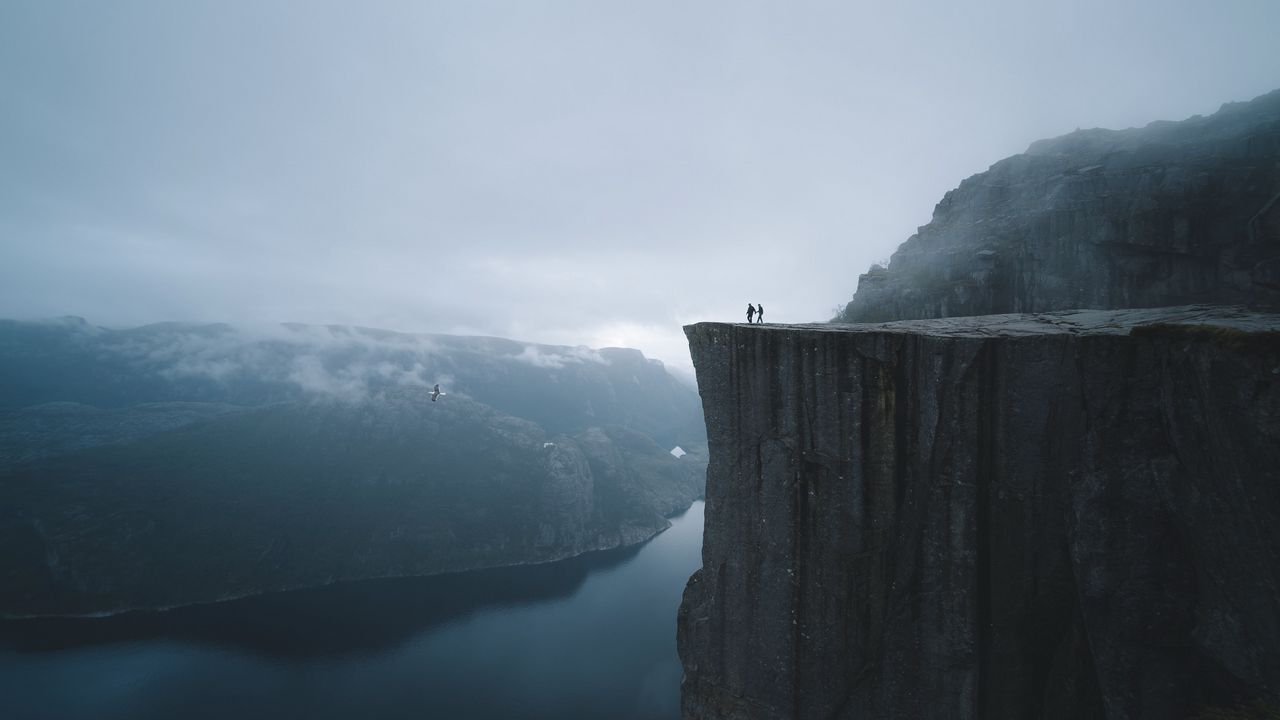 Wallpaper silhouettes, rock, cliff, lake, mist