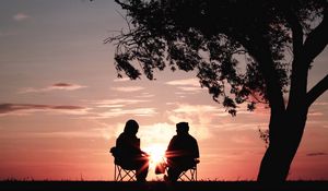 Preview wallpaper silhouettes, sunset, tree, sun, rays
