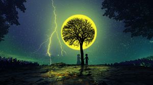 Preview wallpaper silhouettes, tree, love, couple, lightning, stars, night