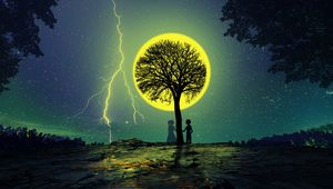 Preview wallpaper silhouettes, tree, love, couple, lightning, stars, night