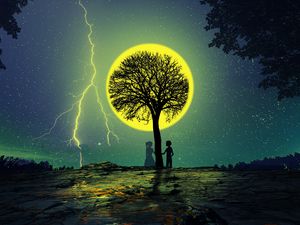 Preview wallpaper silhouettes, tree, love, couple, lightning, stars, night