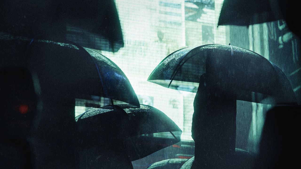 Wallpaper silhouettes, umbrellas, rain, screen, dark