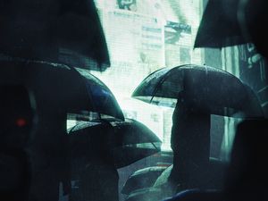 Preview wallpaper silhouettes, umbrellas, rain, screen, dark